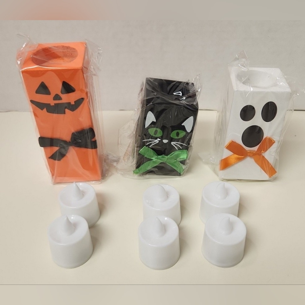 Set of 3 Wooden Halloween Flamless Candle Decor